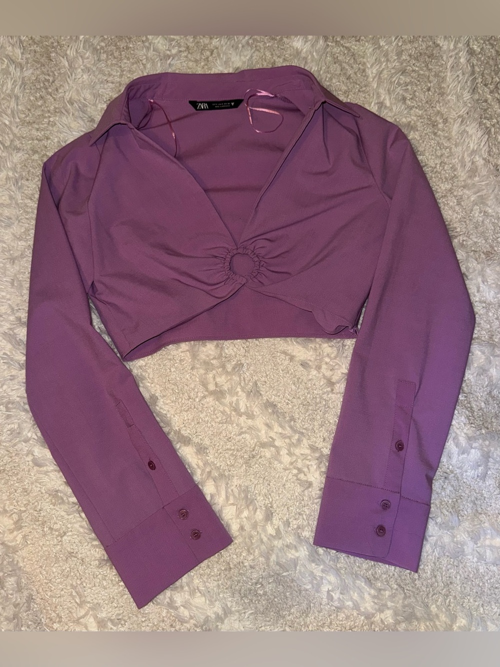 Zara Lilac Cropped Twist-Ring Collared Long-Sleeve Top
